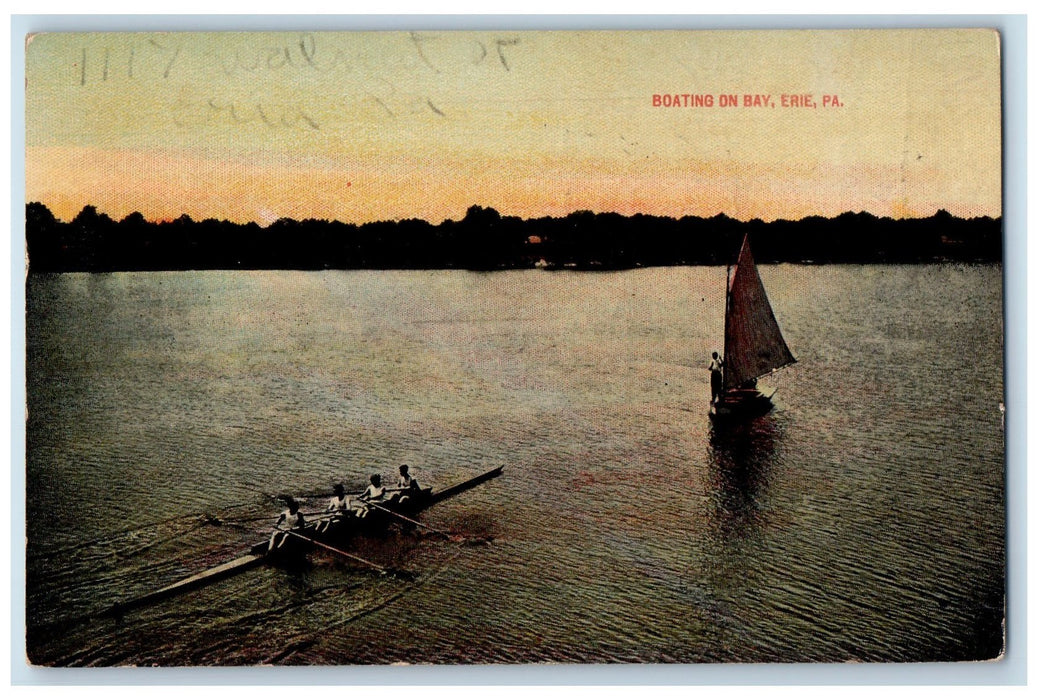 1916 Boating On Bay Sailboat Scene Erie Pennsylvania PA Antique Posted Postcard