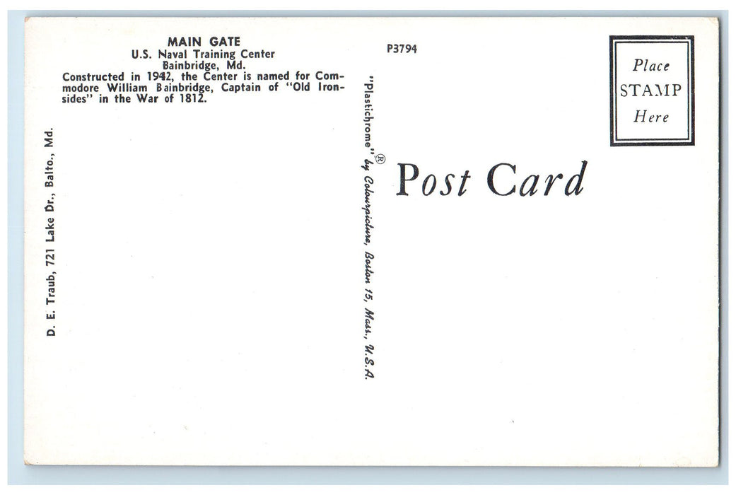 Main Gate U.S Naval Training Center Bainbridge Maryland MD Vintage Postcard