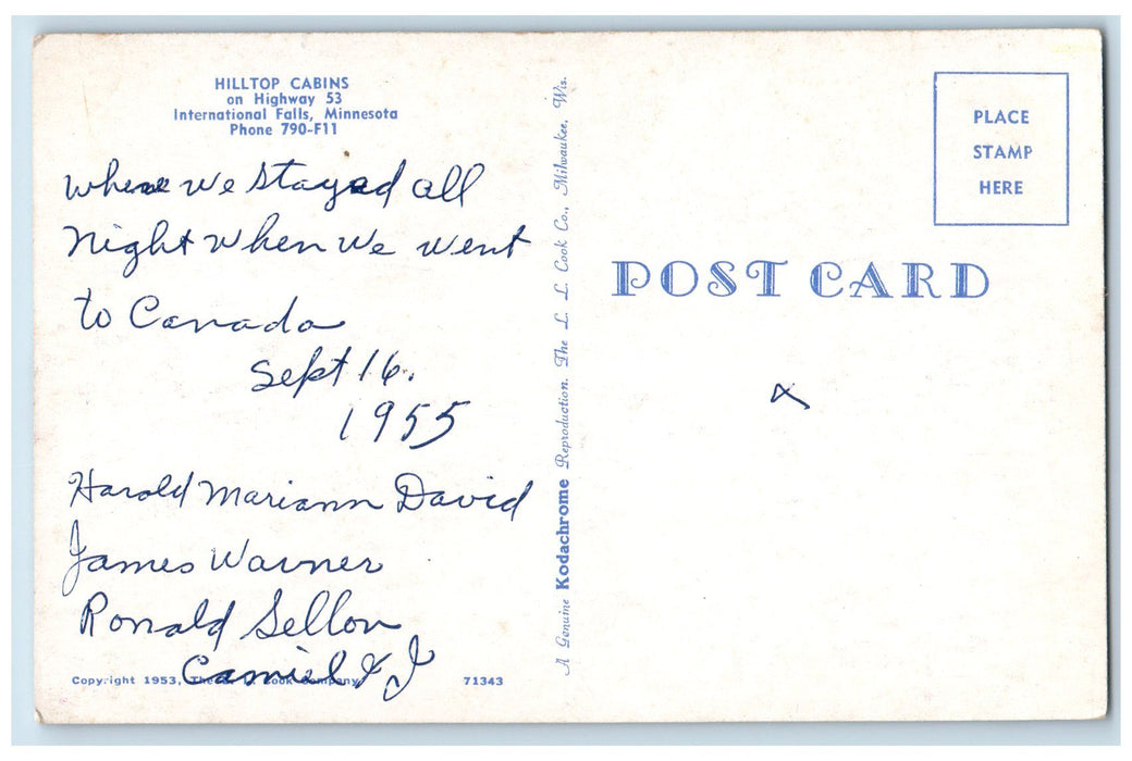 1955 View OF Hilltop Cabins International Falls Minnesota MN Vintage Postcard