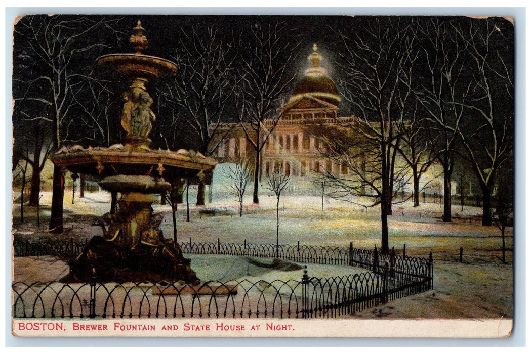 1908 Boston Brewer Fountain And State House At Night Massachusetts MA Postcard