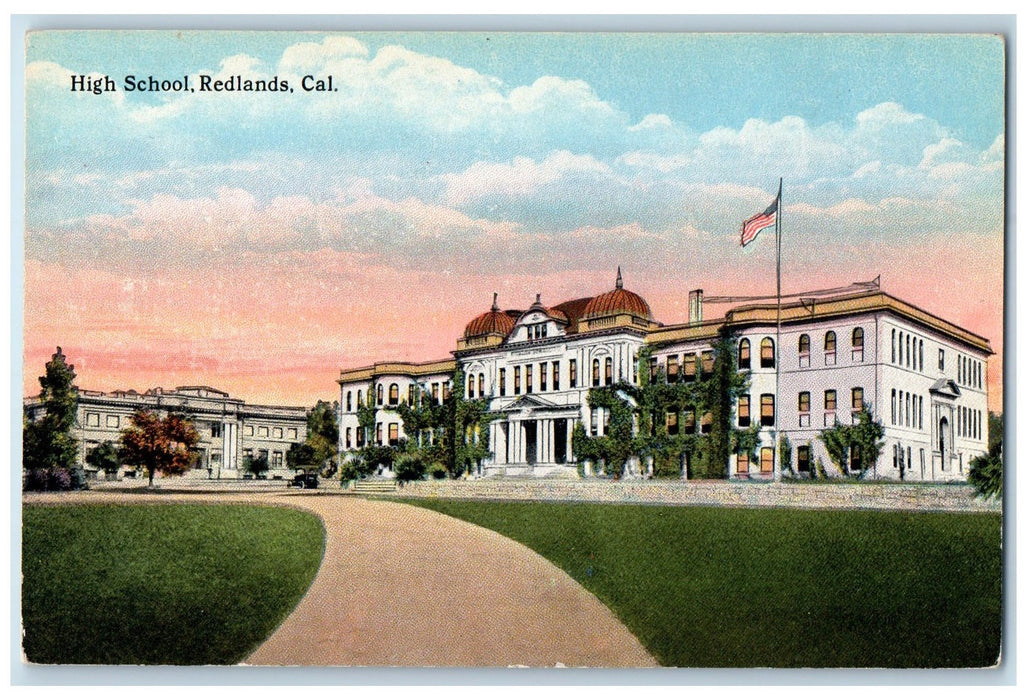 c1910's High School Building Car Road Exterior Redlands California CA Postcard