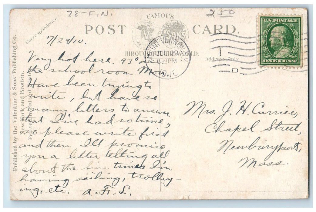 1910 Second Avenue Tree-lined horse Carriage Mount Vernon New York NY Postcard