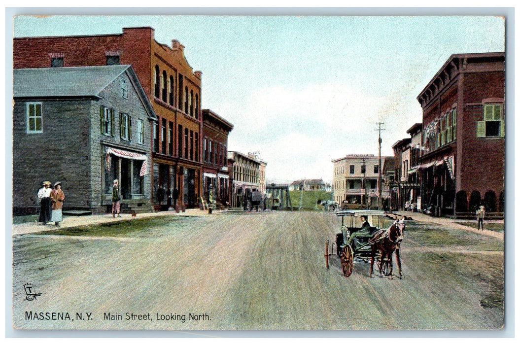 c1910's Main Street Horse Carriage Looking North Massena New York NY Postcard