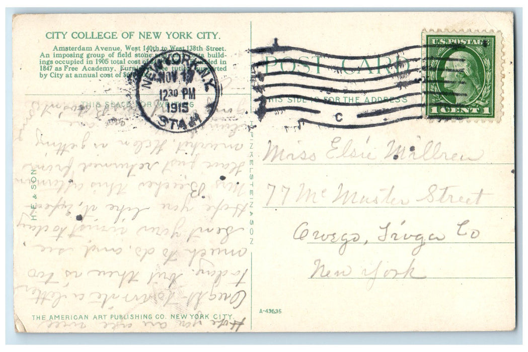 1915 City College Building Of New York City NY, Exterior Scene Antique Postcard