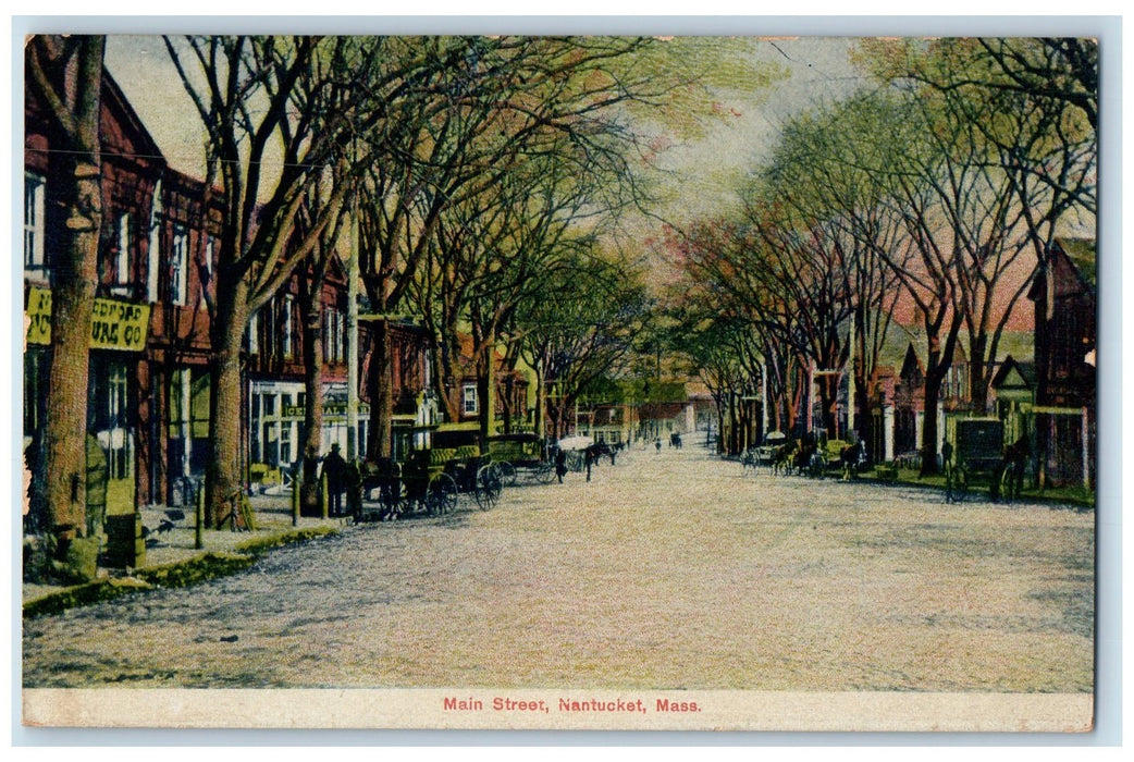 Main Street Horse Carriage Tree-lined Scene Nantucket Massachusetts MA Postcard