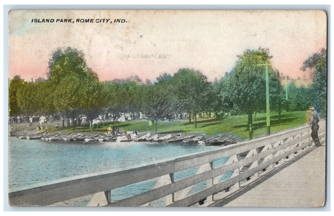 1912 Island Park Bridge Boat-lined Scene Rome City Indiana IN Antique Postcard