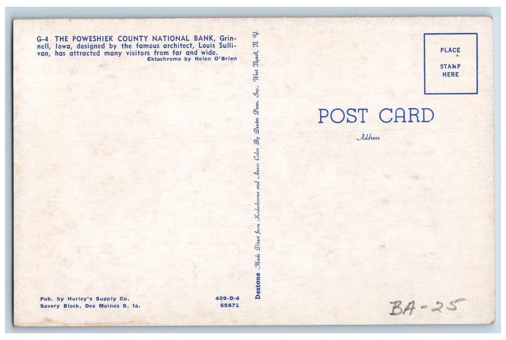 View Of The Poweshiek County National Bank Grinnell Iowa IA Vintage Postcard