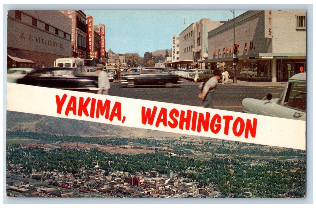 Yakima Washington WA, Street  And Aerial Cars City Scene Dual View Postcard