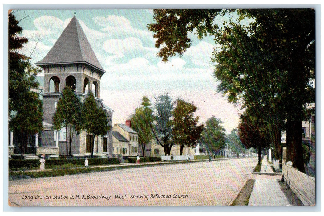 c1910's Long Branch Station B.N.J Broadway Church Scene New Jersey NJ Postcard