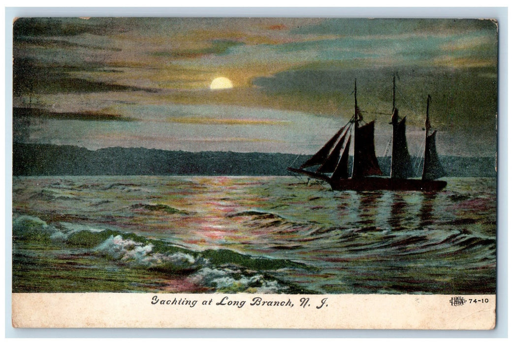 c1910's Yachting At Long Branch New Jersey NJ, Moon Night Scene Antique Postcard