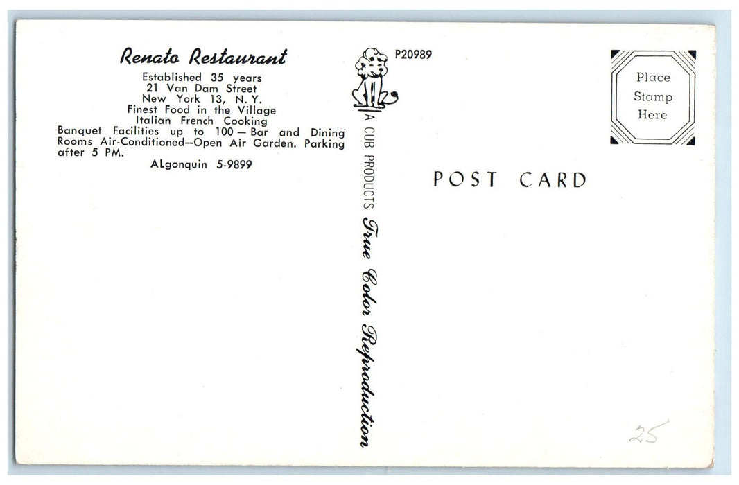 Renato Restaurant Italian French Cooking Interior Dining Scene NY Postcard