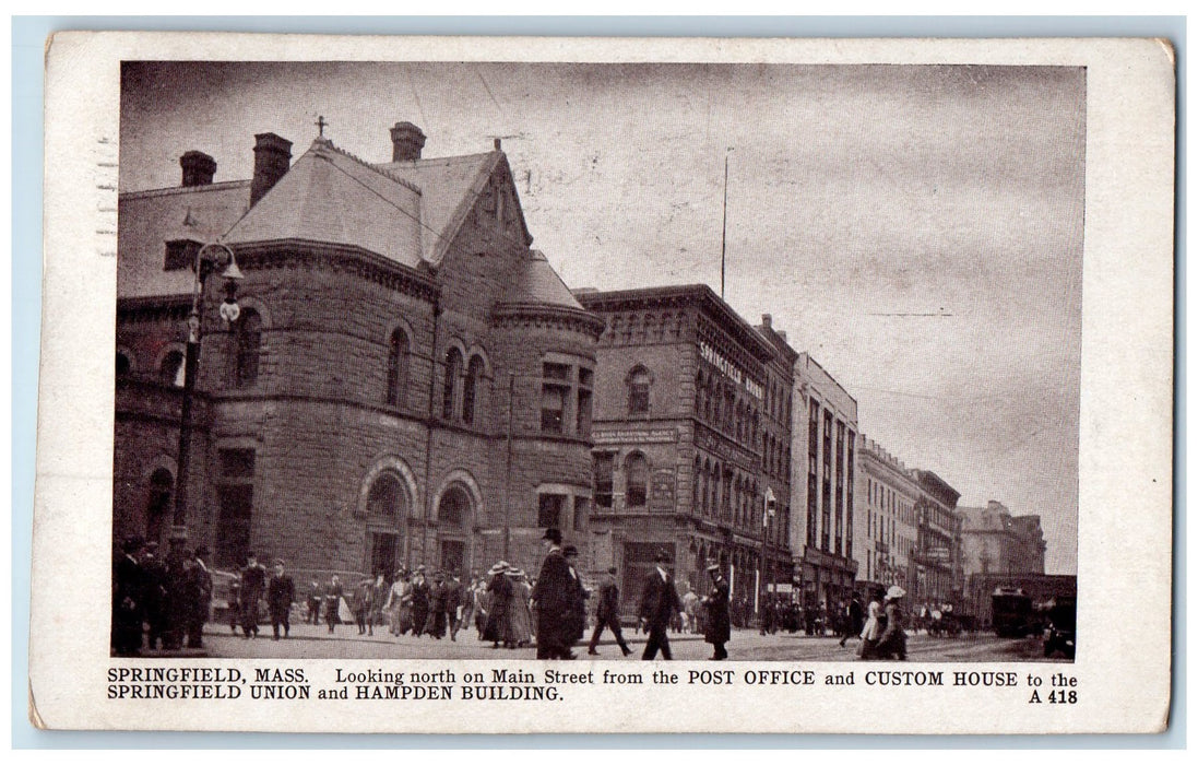 1911 Main Street Post Office Custom House Springfield Massachusetts MA Postcard