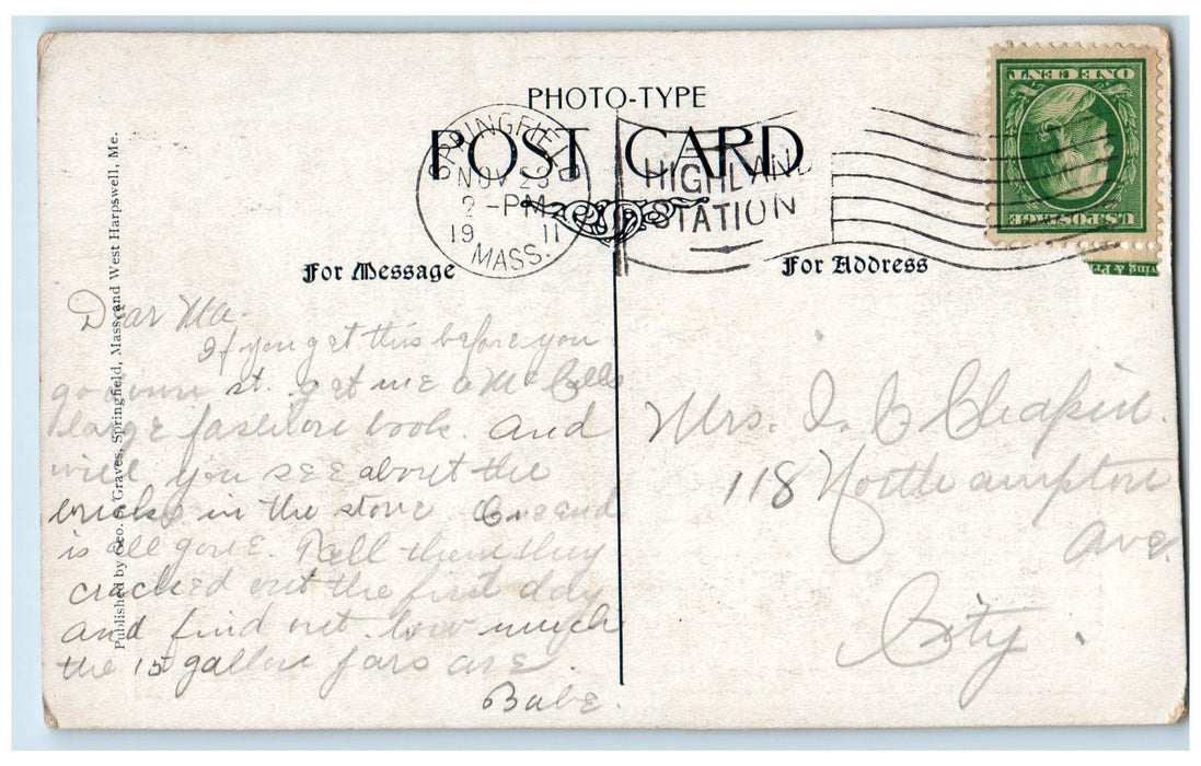 1911 Main Street Post Office Custom House Springfield Massachusetts MA Postcard