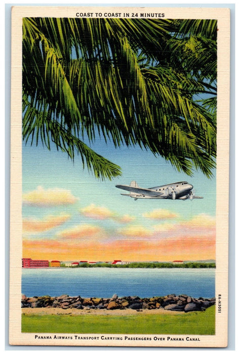 Panama Airways Airplane Transport Carrying Passenger Over Panama Canal Postcard