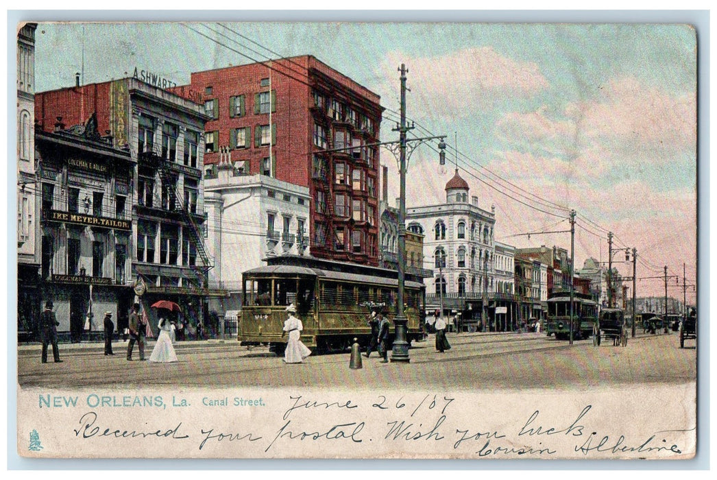 1907 Canal Street Train Street Scene New Orleans Louisiana LA Antique Postcard