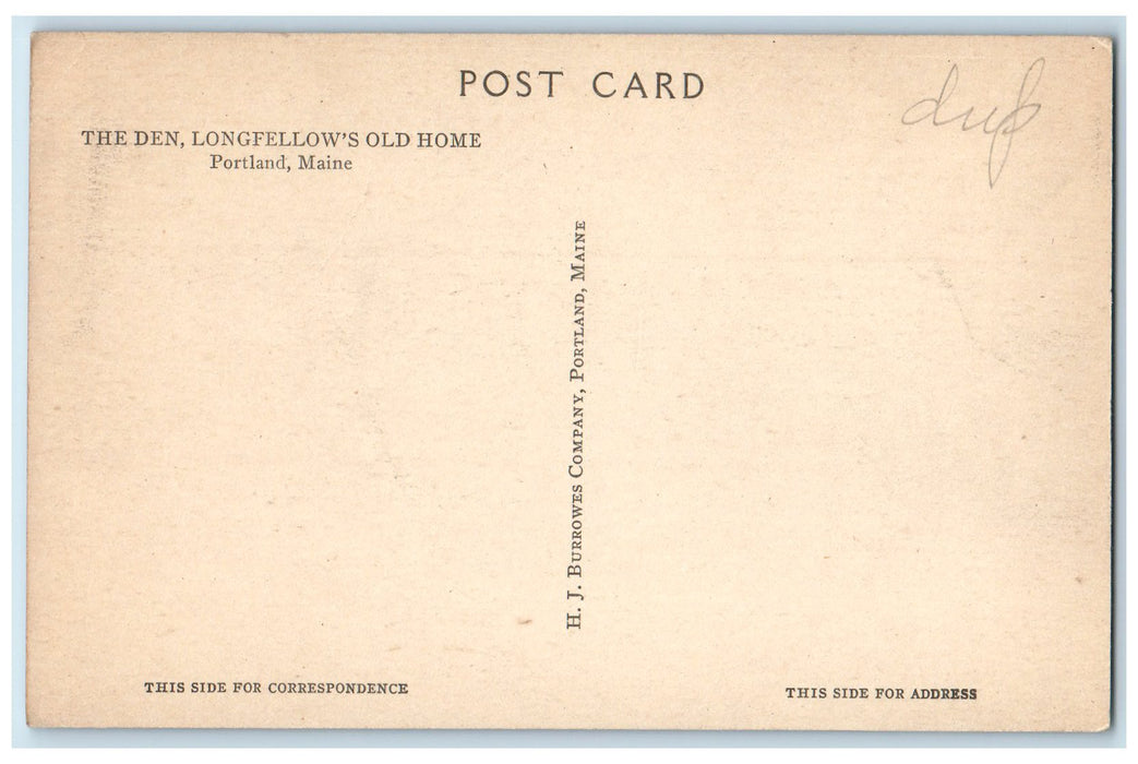 The Den Longfellow's Old Home Interior Fireplace View Portland Maine ME Postcard