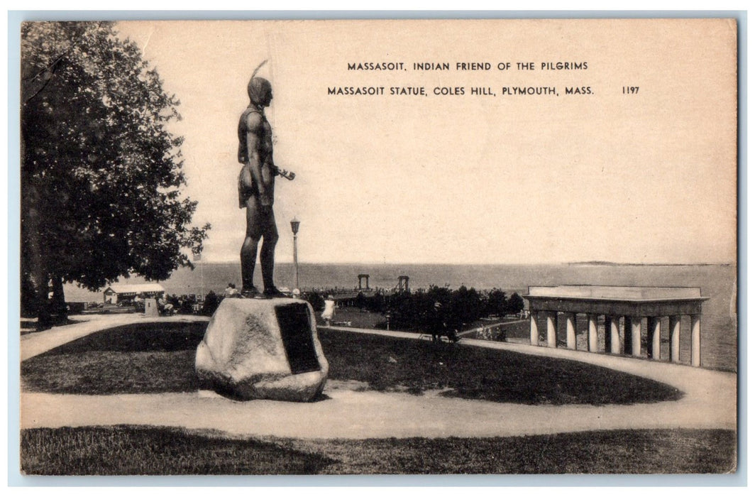 1946 Massasoit Statue Monument Coles Hill Plymouth Massachusetts MA Postcard