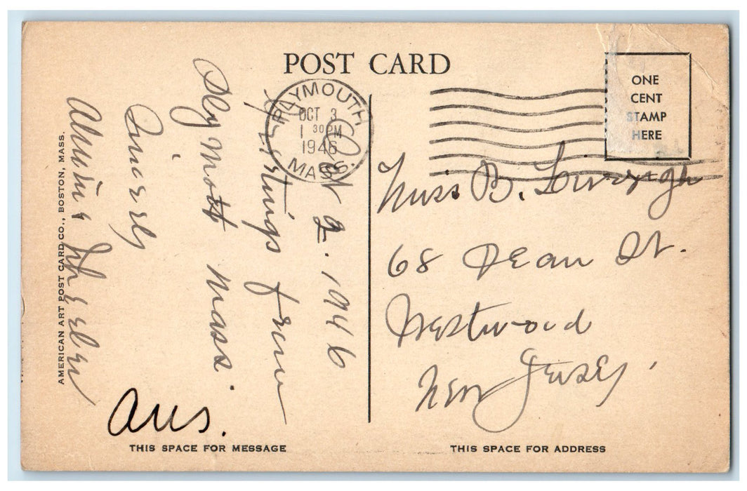 1946 Massasoit Statue Monument Coles Hill Plymouth Massachusetts MA Postcard