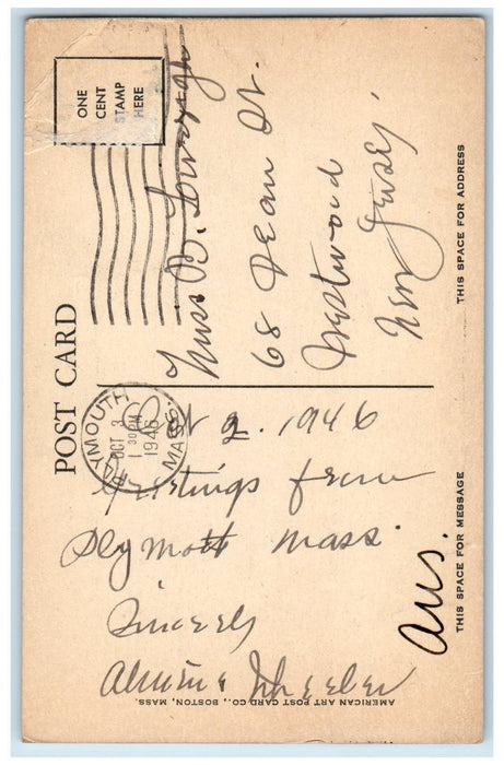 1946 Massasoit Statue Monument Coles Hill Plymouth Massachusetts MA Postcard