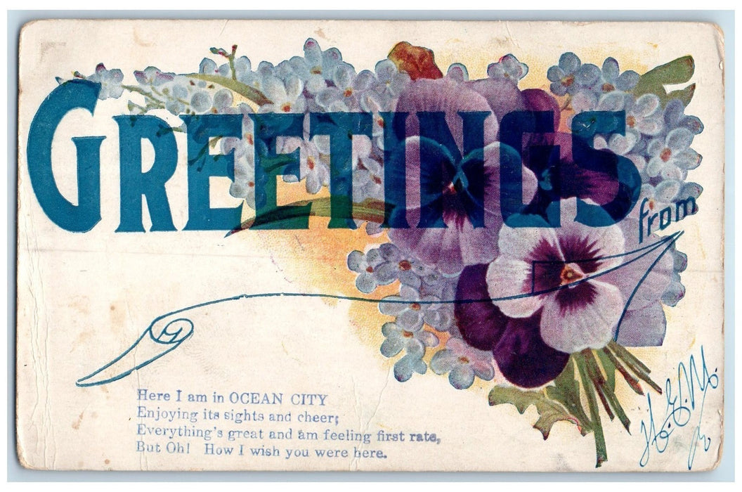 1912 Greetings From Ocean City New Jersey NJ Flower Embossed Airbrushed Postcard