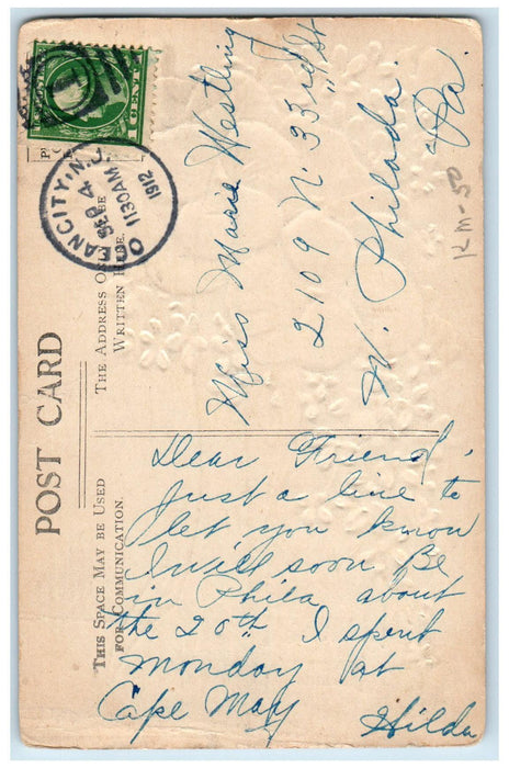 1912 Greetings From Ocean City New Jersey NJ Flower Embossed Airbrushed Postcard