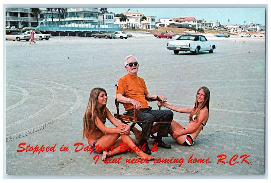 Beautiful Girls Old Man Sunbathing Cars Scene Daytona Beach Florida FL Postcard