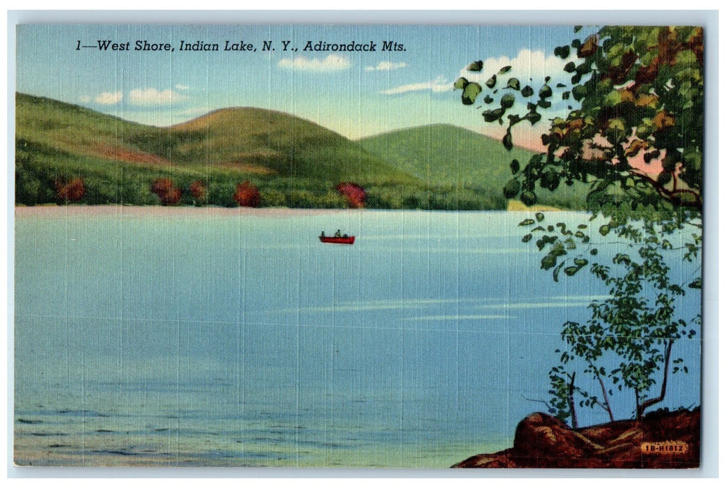 West Shore Indian Lake Adirondack MTS. New York NY, Boat Nature View Postcard