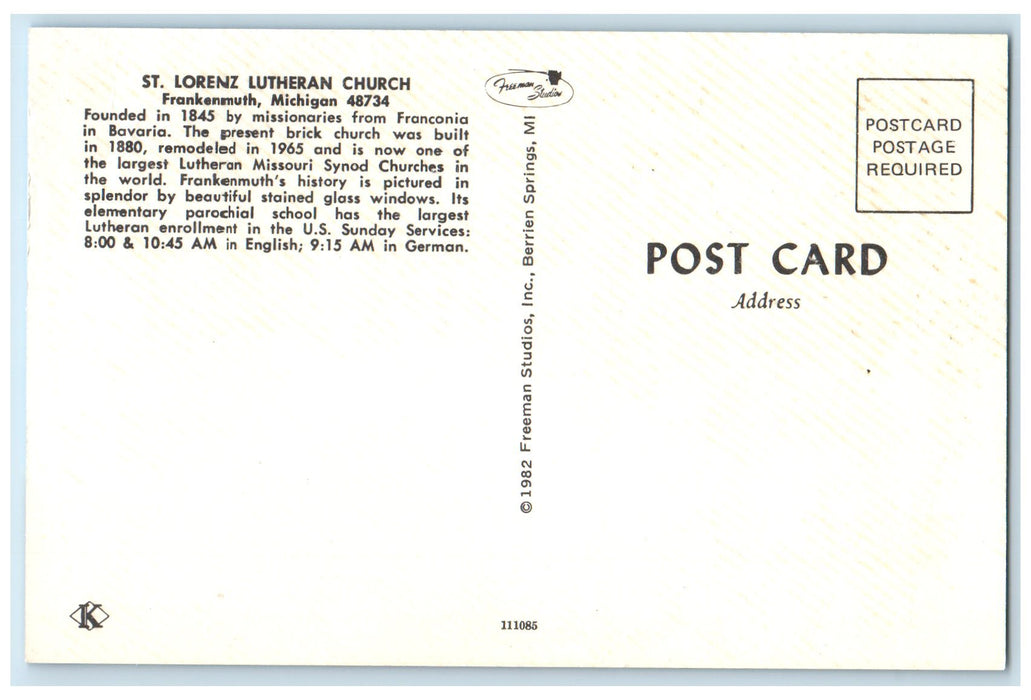 St. Lorenz Lutheran Church Exterior Scene Frankenmuth Michigan MI Postcard
