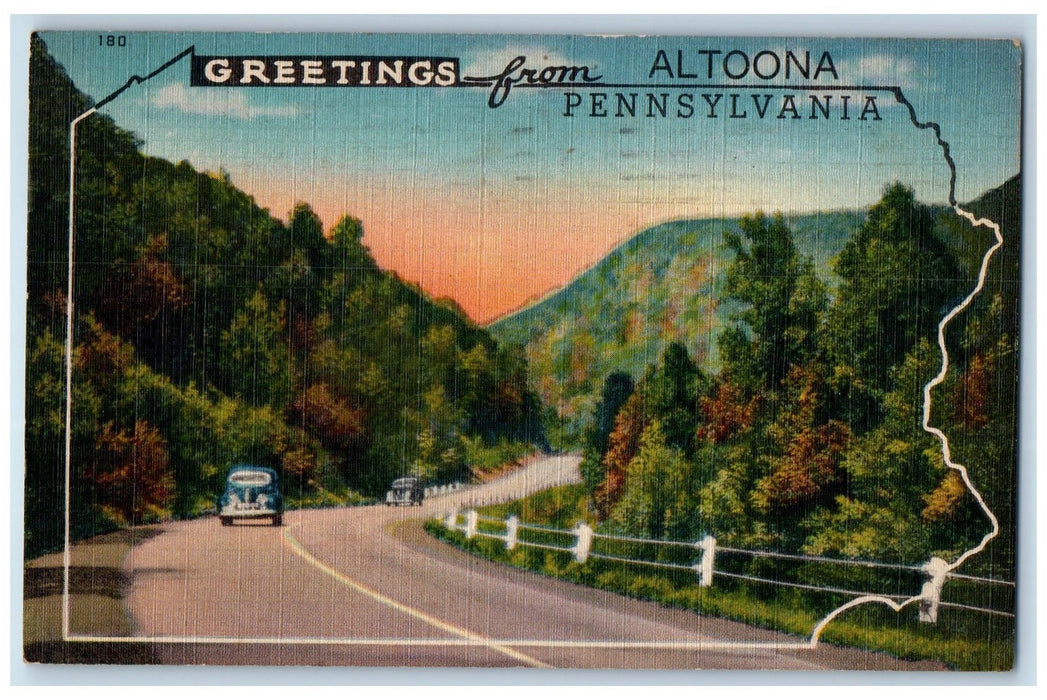 1945 Greetings From Altoon Pennsylvania PA, Cars Road Trees Scene Postcard