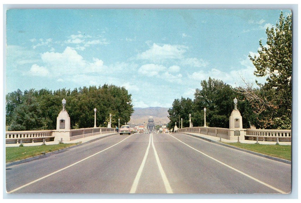 1960 Memorial Bridge Crossing Cars Street View Boise River Idaho ID Postcard