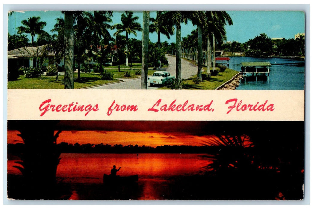 1962 Greetings From Lakeland Florida FL, Palm-lined Sunset Dual View Postcard