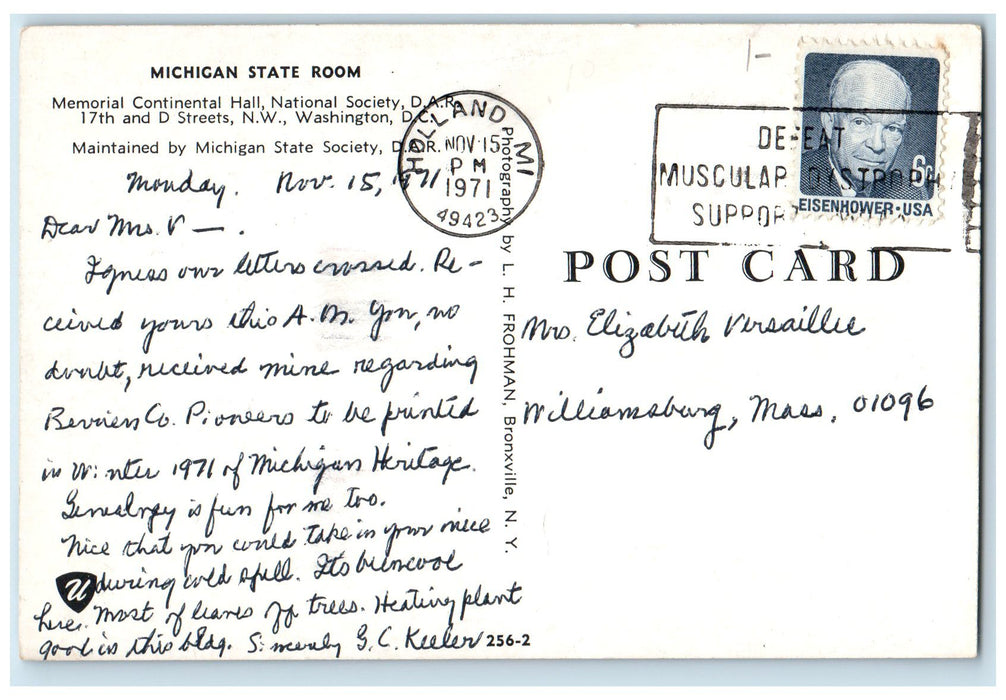 Michigan State Room Memorial Continental Hall National Society MI Postcard