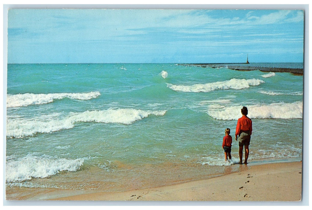 Lake Michigan Breakers Rolling Splashing Waves Scene Frankfort MI Postcard