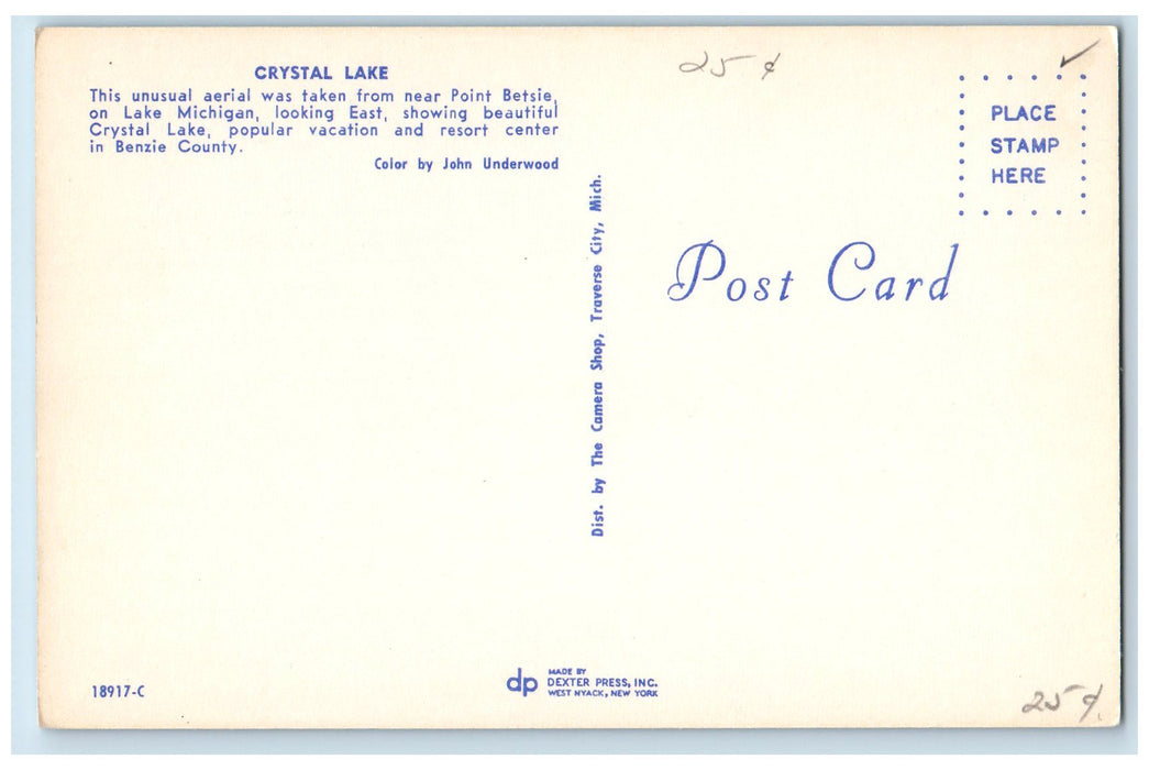 Aerial View Of Crystal Lake Near Point Betsie Michigan MI Vintage Postcard