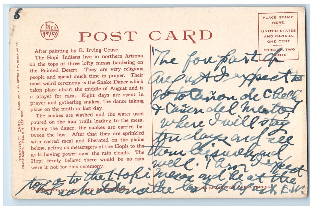 c1910's View Of Hopi Snake Dance Arizona AZ Antique Fred Harvey Posted Postcard