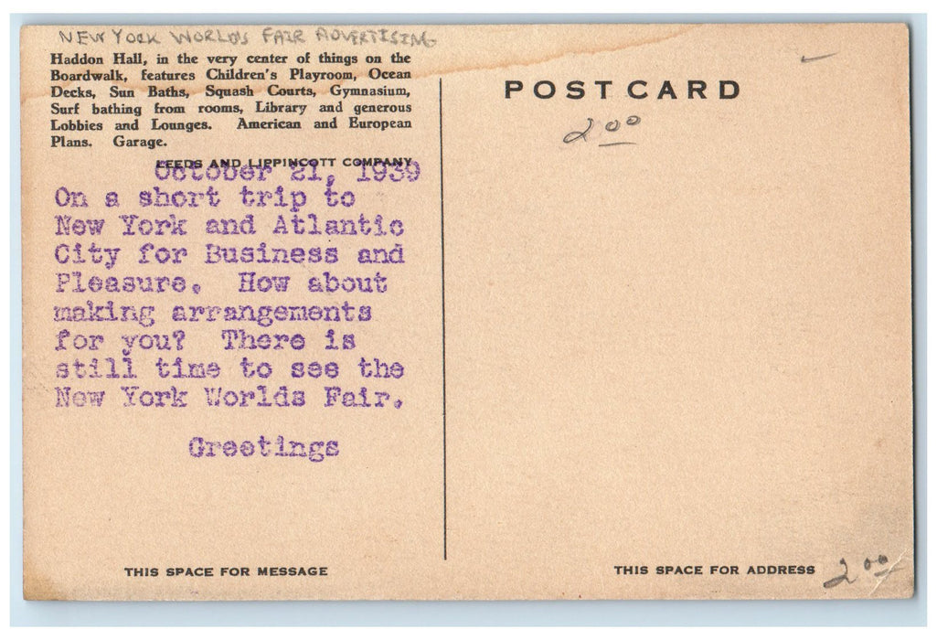 c1910's Haddon Hall Atlantic City NJ, New York World's Fair Advertising Postcard