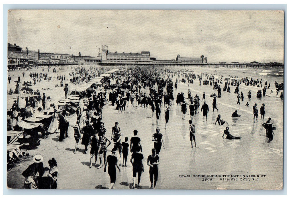 1909 Beach Scene During The Bathing Hour At Atlantic City New Jersey NJ Postcard