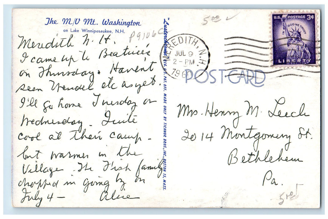 1960 The M/V M.T Washington On Lake Winnipesaukee NH, Big Ship Boat Postcard