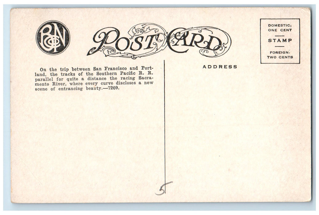 c1910's Sacramento Canon Shasta Route S.P.R.R. Train Railroad CA Postcard
