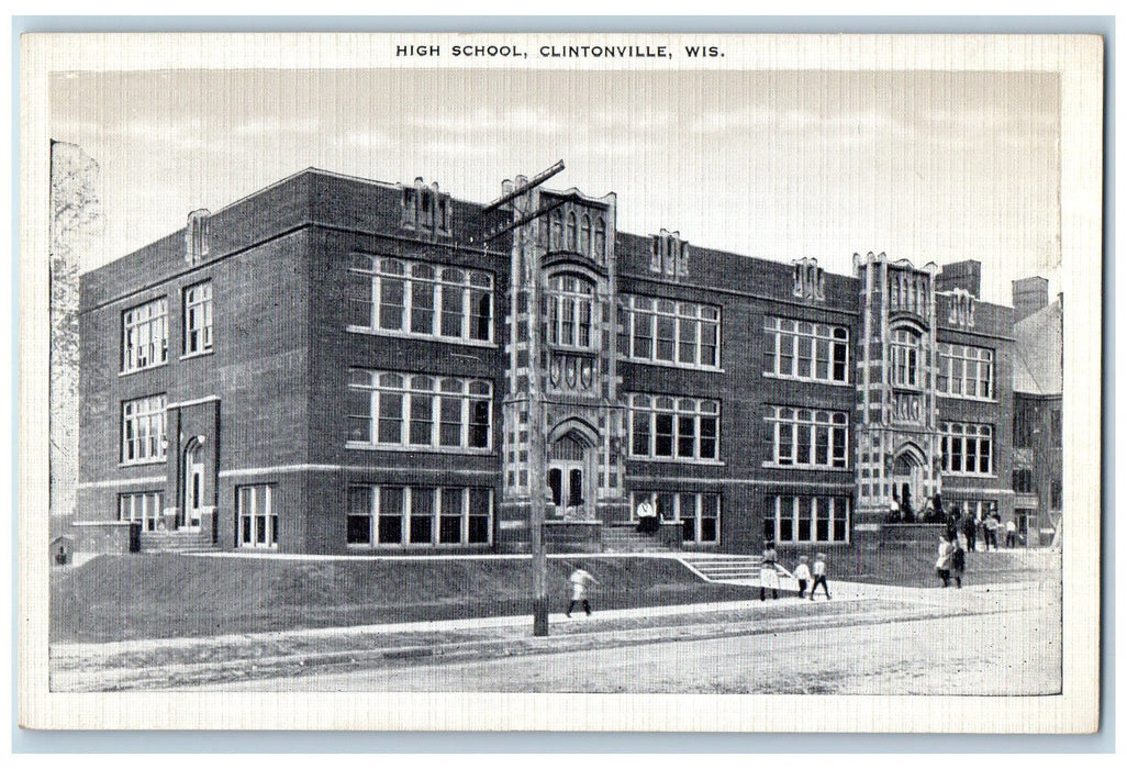 High School Building Exterior Scene Clintonville Wisconsin WI Vintage Postcard