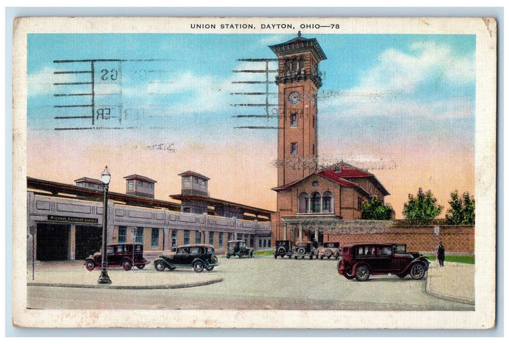 1935 Union Station Exterior Clock Tower Cars Scene Dayton Ohio OH Postcard