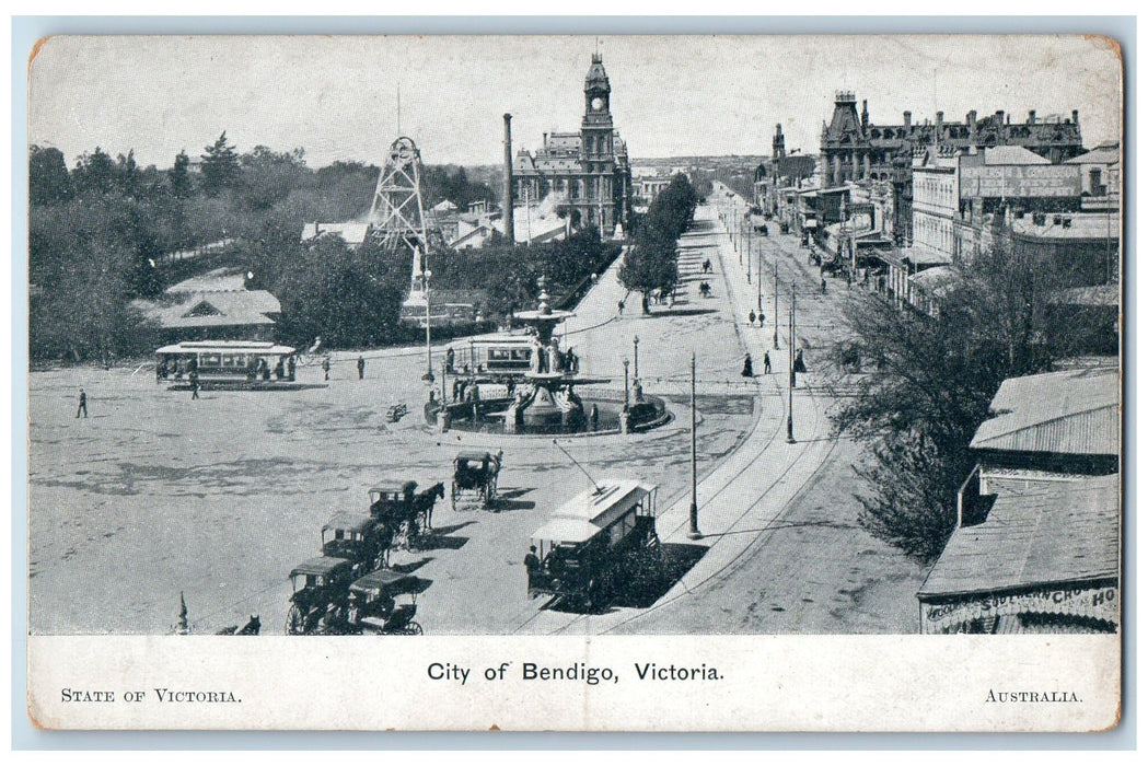 c1910's City Of Bendigo Victoria Australia, Train Horse Carriage Scene Postcard