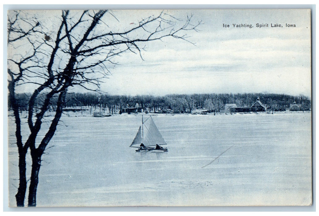 1910 Ice Yachting Boat Nature Scene Spirit Lake Iowa IA Antique Posted Postcard