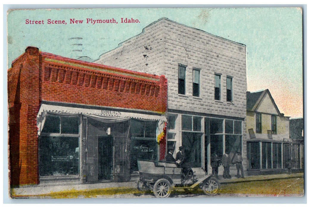 1911 Street Car Drug Store Scene New Plymouth Idaho ID, Portland OR Postcard