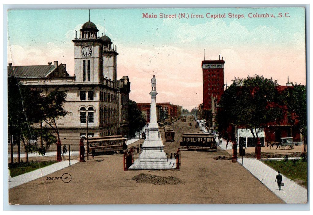 1909 Main Street From Capito Steps Statue Columbia South Carolina SC Postcard