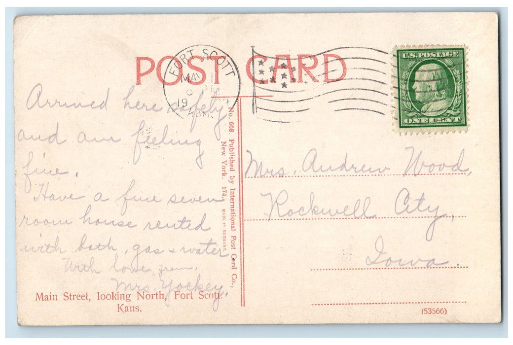 1909 View Of Main Street Looking North Fort Scott Kansas KS Antique Postcard