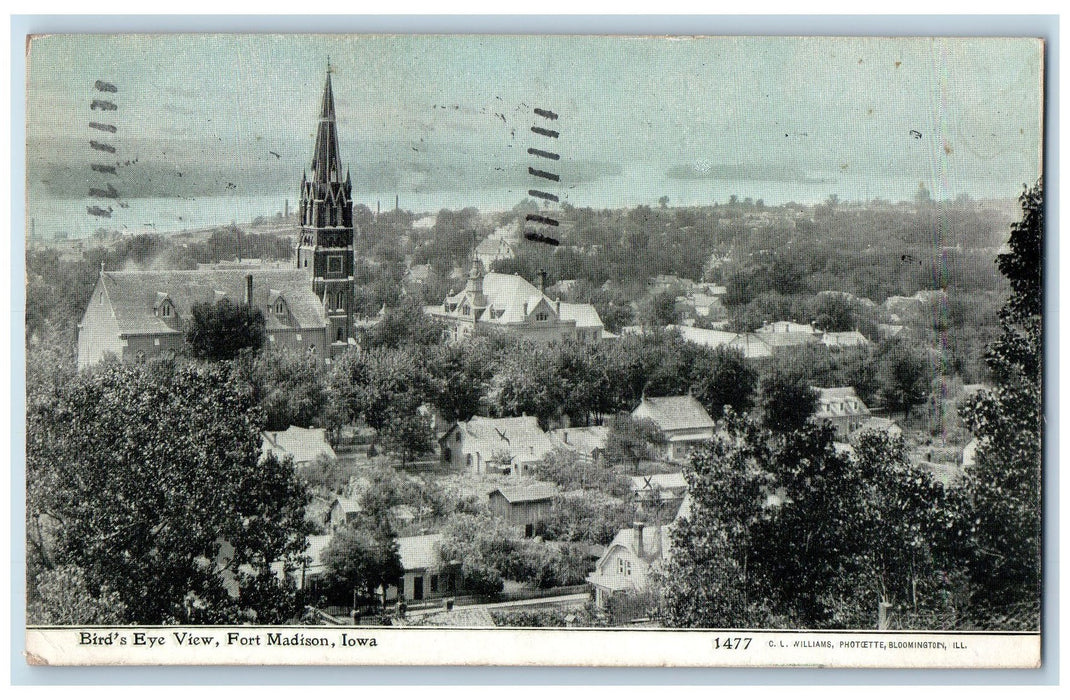 1909 Bird's Eye View Fort Madison Iowa IA, Church Scene Antique Posted Postcard