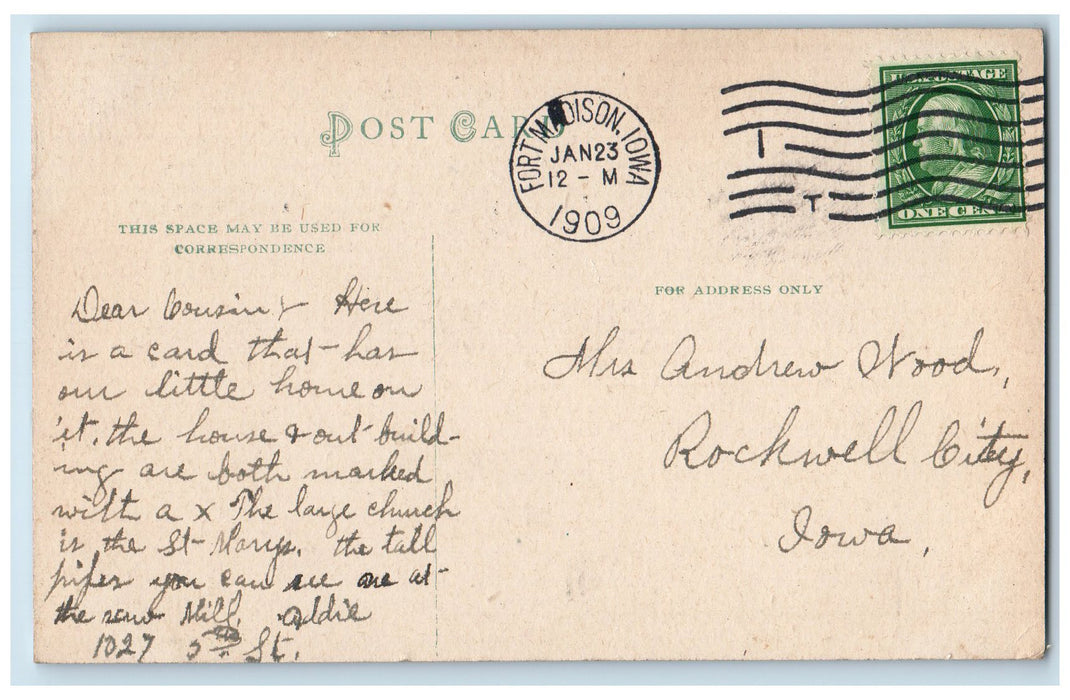 1909 Bird's Eye View Fort Madison Iowa IA, Church Scene Antique Posted Postcard
