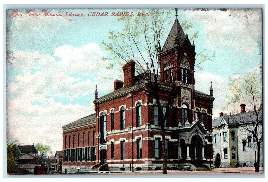 1908 Masonic Library Building Exterior Scene Cedar Rapids Iowa IA Postcard