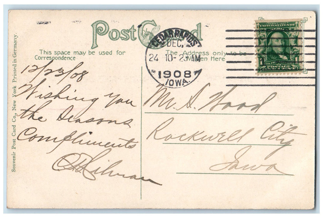 1908 Masonic Library Building Exterior Scene Cedar Rapids Iowa IA Postcard
